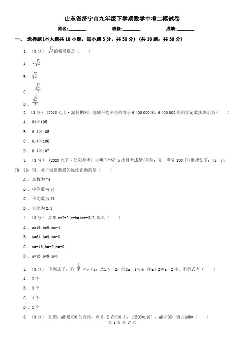 山东省济宁市九年级下学期数学中考二模试卷