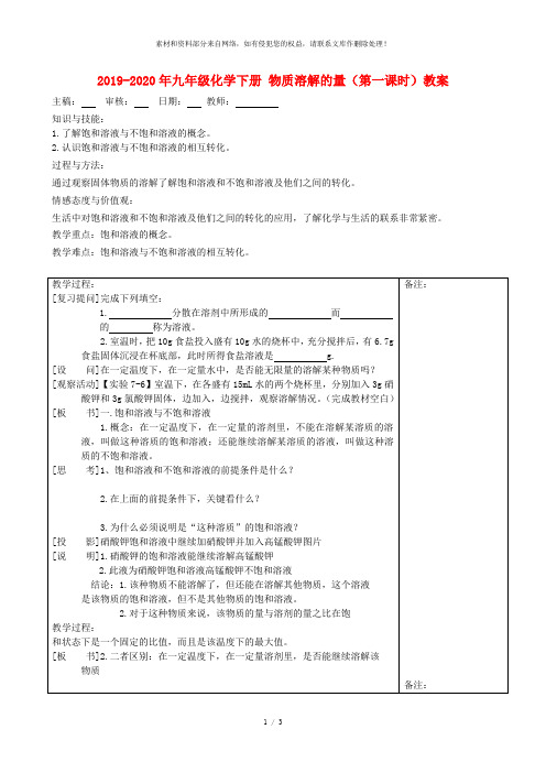 2019-2020年九年级化学下册 物质溶解的量(第一课时)教案