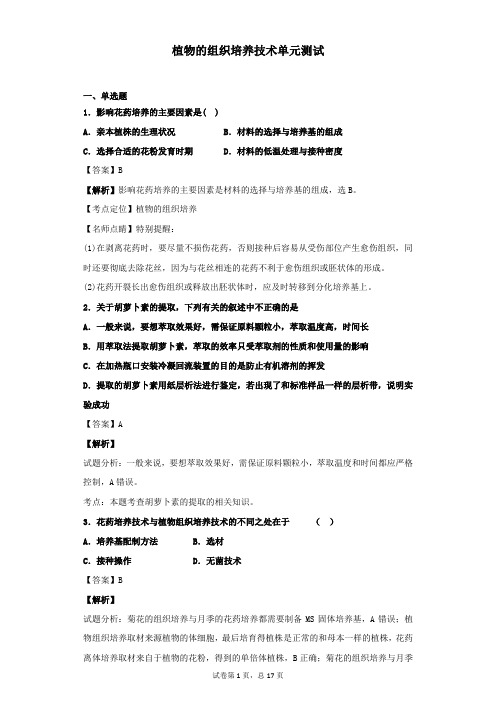 2019届人教版 植物的组织培养技术单元测试