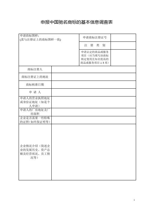 申请驰名商标的基本信息调查表