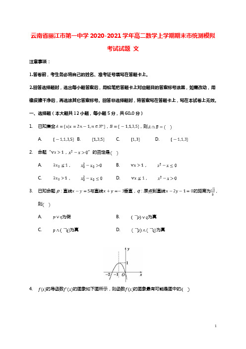 云南省丽江市第一中学2020_2021学年高二数学上学期期末市统测模拟考试试题文