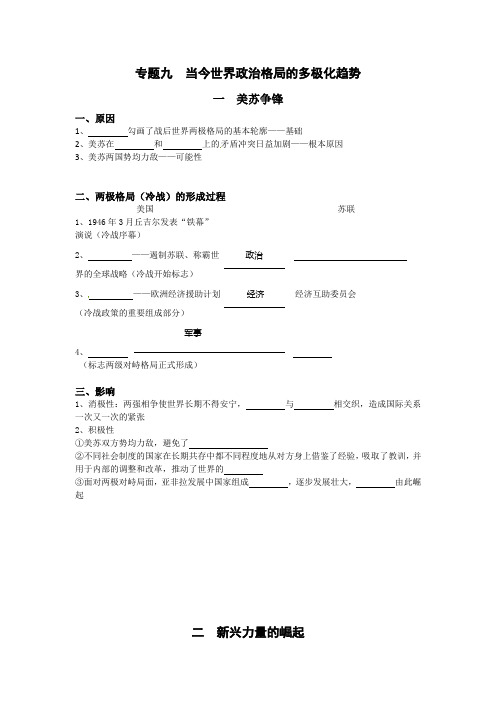 高一历史填空题：专题九 当今世界政治格局的多极化趋势