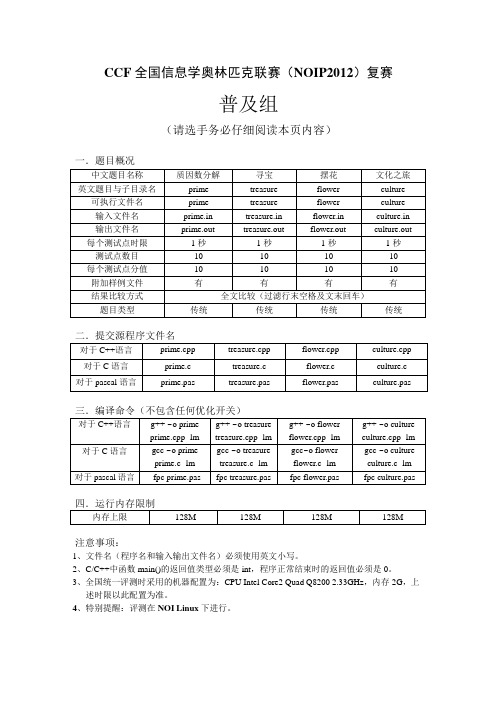 CCF全国信息学奥林匹克联赛(NOIP2012)复赛