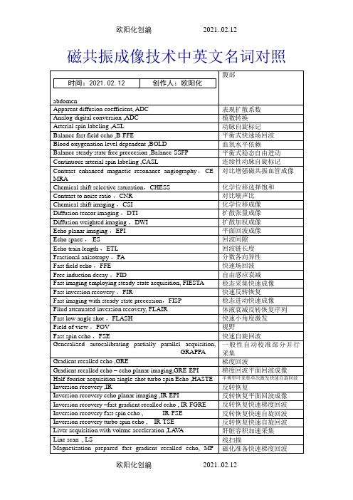 磁共振成像技术中英文名词对照之欧阳化创编