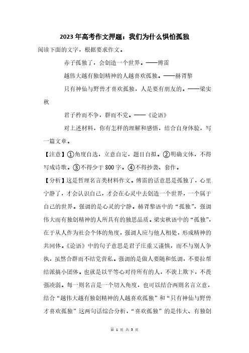 2023年高考作文押题：我们为什么惧怕孤独