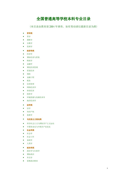 全国普通高等学校本科专业目录2004年