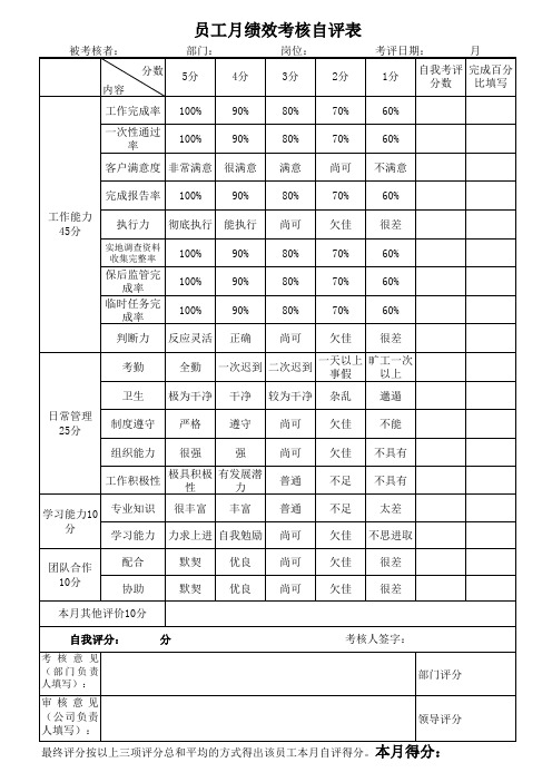 自评表格