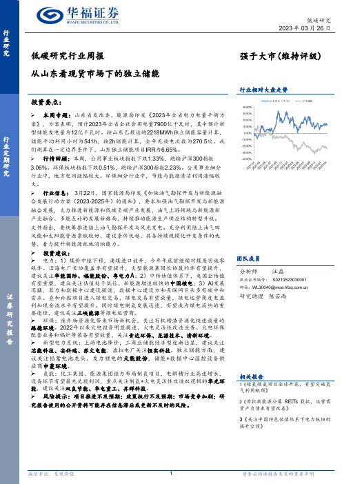 低碳研究行业周报：从山东看现货市场下的独立储能