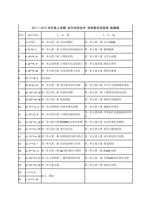 辽师大版信息技术七、八年上册教学进度表