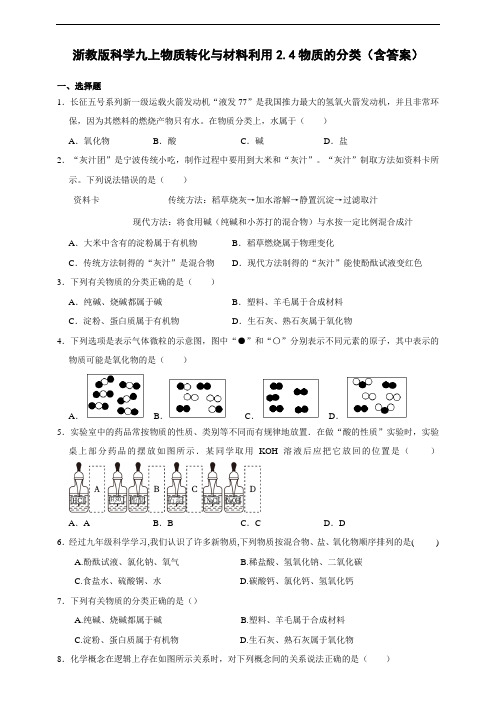 浙教版科学九年级上册 2.4物质的分类 同步练习(含答案)(含使用说明)