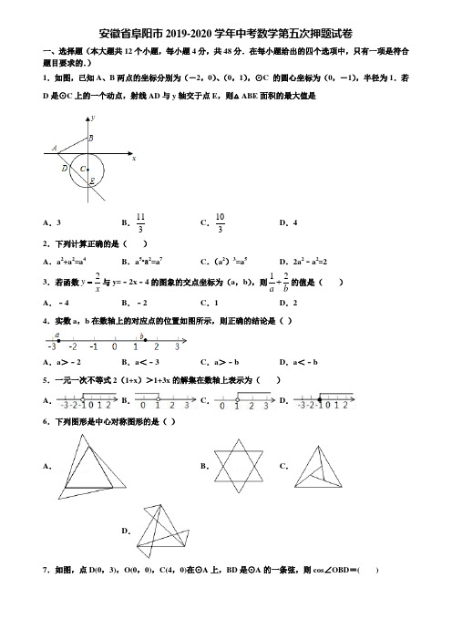 安徽省阜阳市2019-2020学年中考数学第五次押题试卷含解析