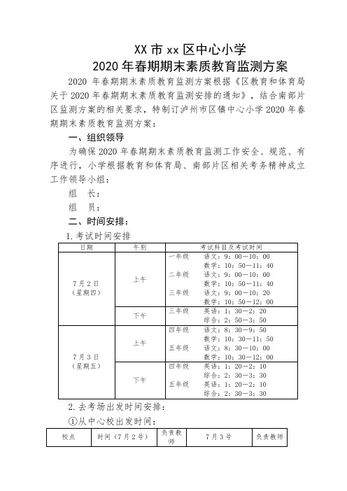 2020年春小学期末素质教育监测方案