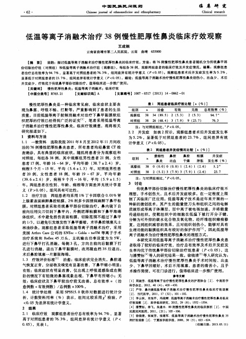 低温等离子消融术治疗38例慢性肥厚性鼻炎临床疗效观察