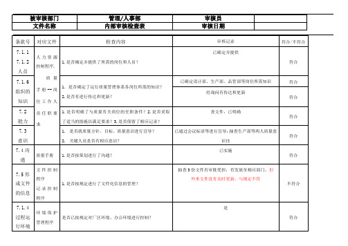 管理人事部内部审核检查表GBT19001：2016