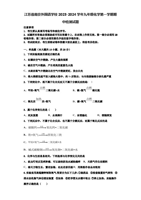 江苏省南京外国语学校2023-2024学年九年级化学第一学期期中检测试题含解析