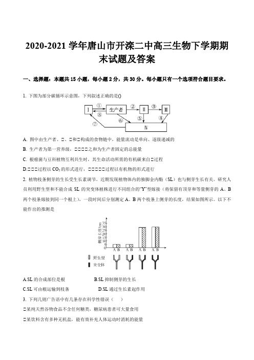 2020-2021学年唐山市开滦二中高三生物下学期期末试题及答案