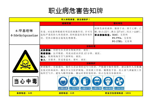 6-甲基喹啉-职业病危害告知牌