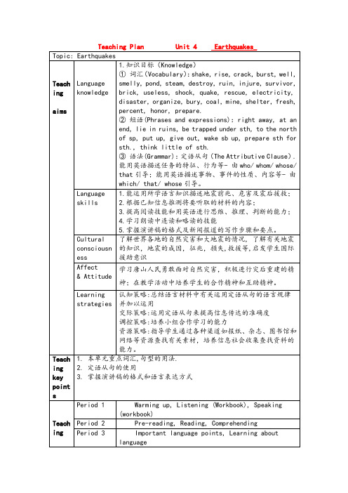 优质人教版必修1高一英语《Unit 4 Earthquakes》教案：Period 4