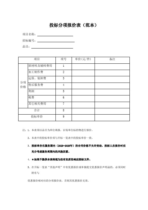 投标分项报价表(范本)