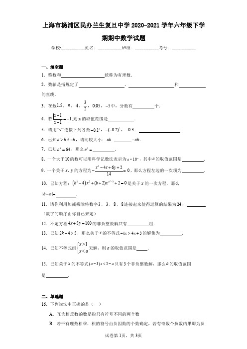 上海市杨浦区民办兰生复旦中学2020-2021学年六年级下学期期中数学试题