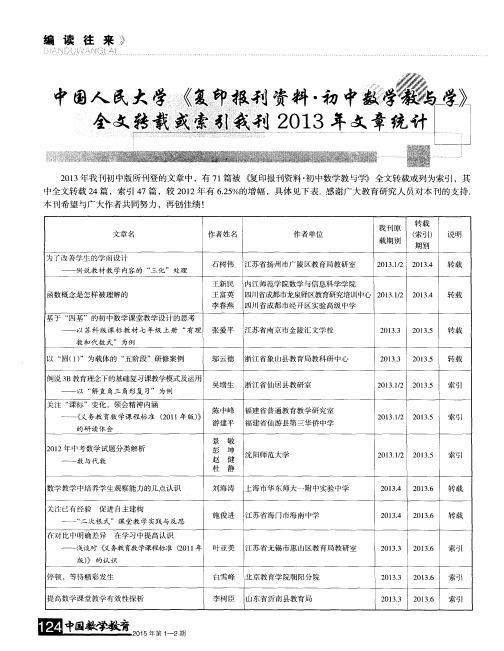 中国人民大学《复印报刊资料·初中数学教与学》全文转载或索引我