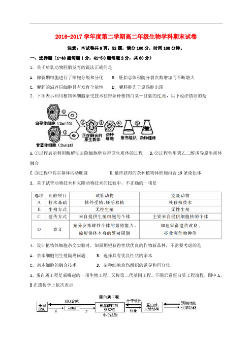 陕西省西安市高二生物下学期期末考试试题(1)