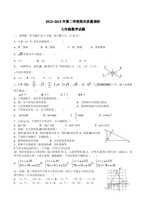 2012-2013年第二学期七年级下期末质量调研数学试题及答案