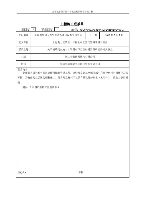 工程施工联系单014阀室材料甲乙供确认(改)