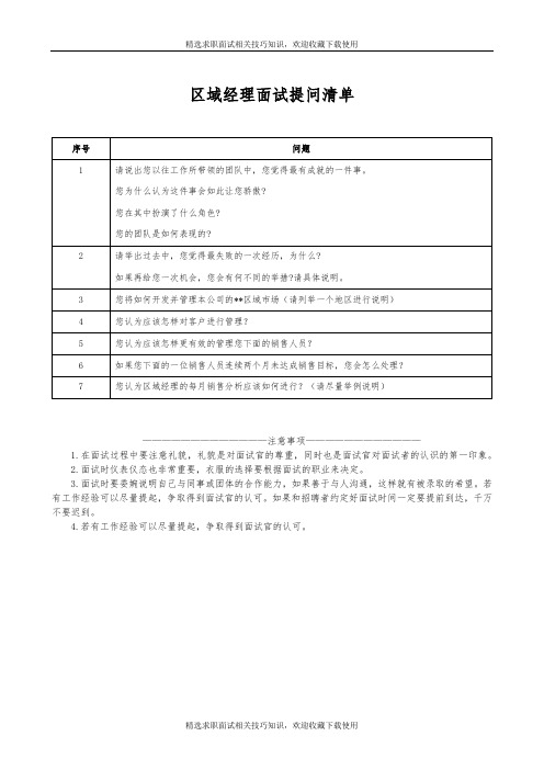 面试区域经理提问清单精选