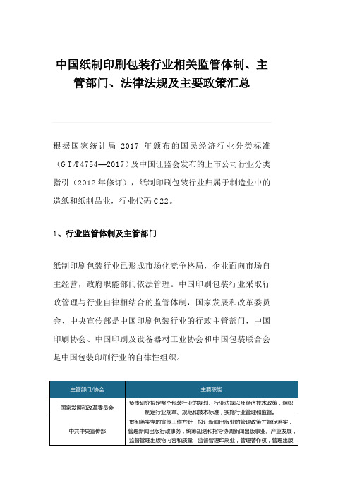 中国纸制印刷包装行业相关监管体制、主管部门、法律法规及主要政策汇总