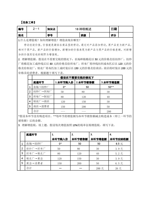 《税法(活页式教材)》习题答案 税法任务工单参考答案2-1,2-2