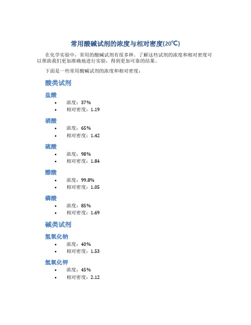 常用酸碱试剂的浓度与相对密度(20℃)