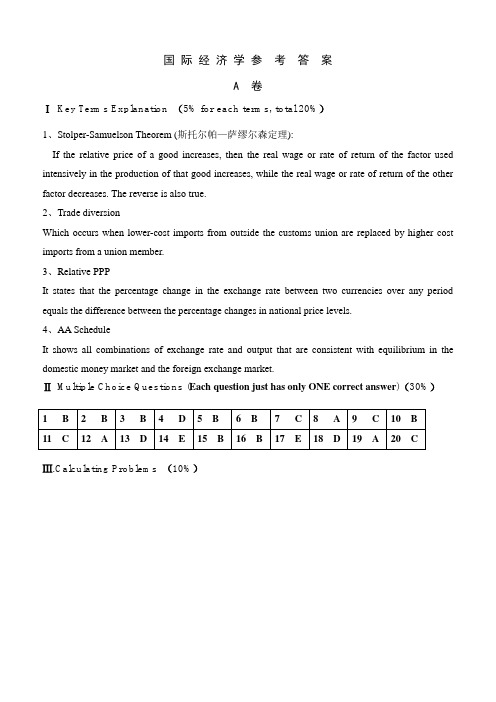 国际经济学试题A参考答案