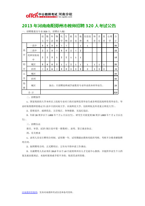 2013年河南南阳邓州市教师招聘320人考试公告