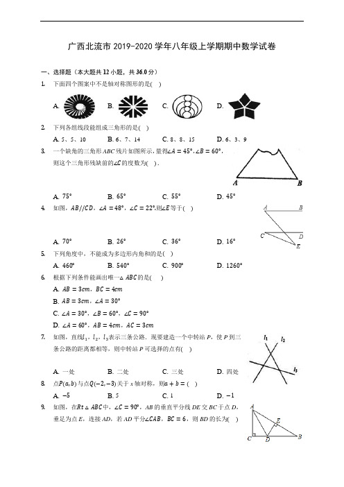 广西北流市2019-2020学年八年级上学期期中数学试卷 (有解析)