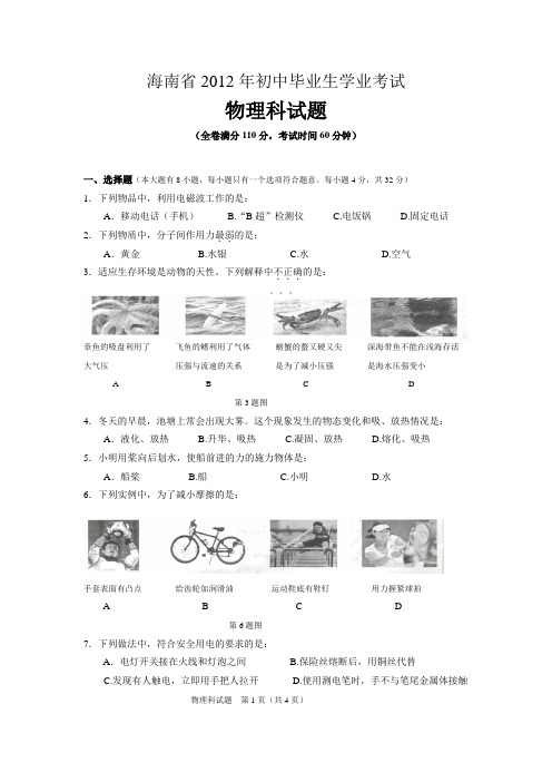 海南省中考物理试题及参考答案