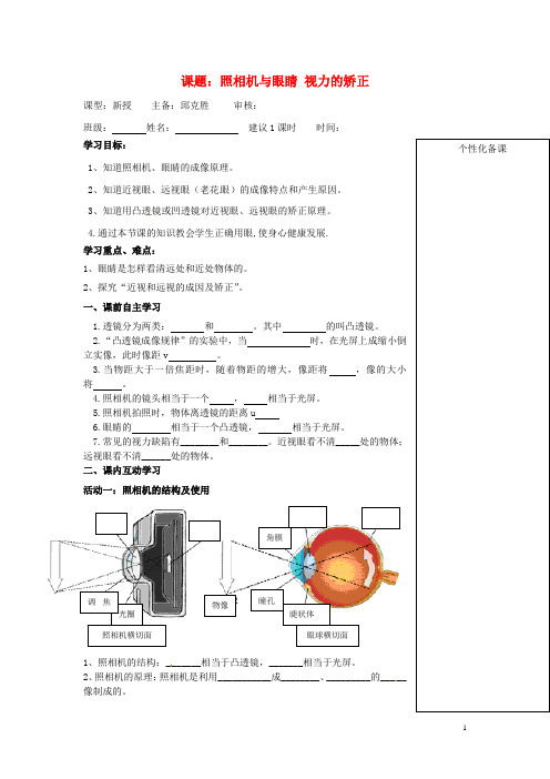 《4.4照相机与眼睛》助学案 苏科版