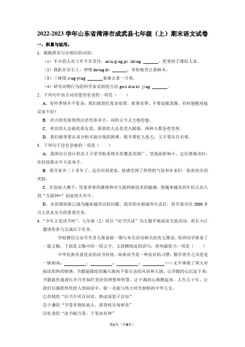 山东省菏泽市成武县2022-2023学年七年级上学期期末语文试题 