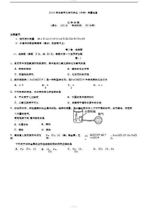 福建省龙岩市2019届九年级学业(升学)质量检查化学试题及答案