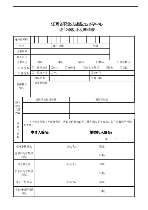 江西省职业技能鉴定指导中心证书修改补发申请表