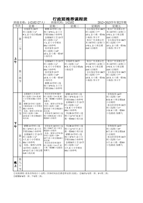 中国地质大学 珠宝学院2010级行政班推荐课表