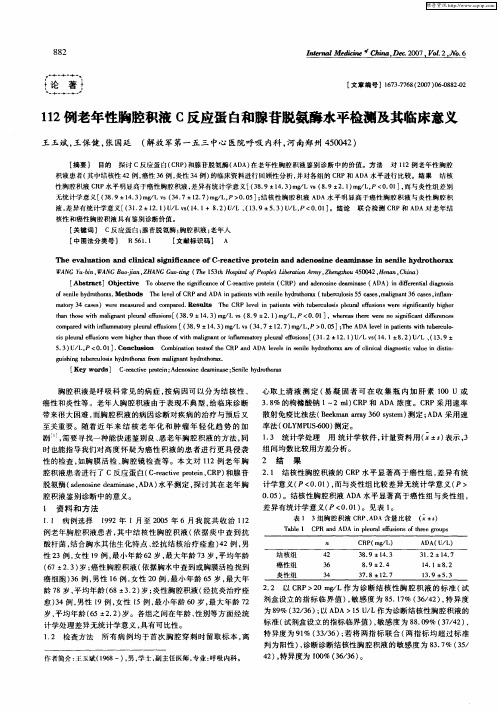 112例老年性胸腔积液C反应蛋白和腺苷脱氨酶水平检测及其临床意义