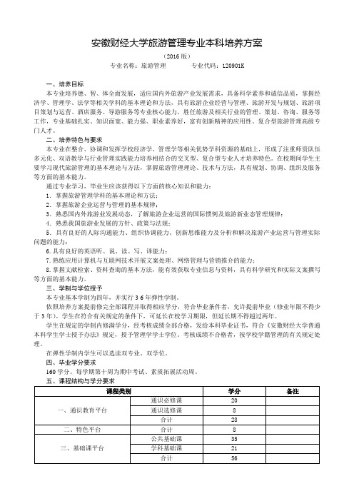 安徽财经大学旅游管理专业本科培养方案