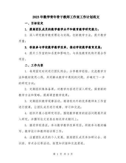 2023年数学青年骨干教师工作室工作计划范文