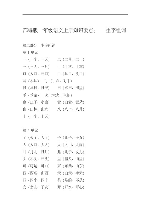 部编版一年级语文上册知识要点：生字组词