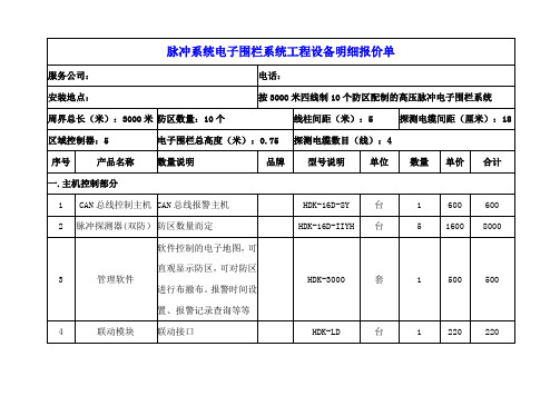 脉冲系统电子围栏系统工程设备明细报价单