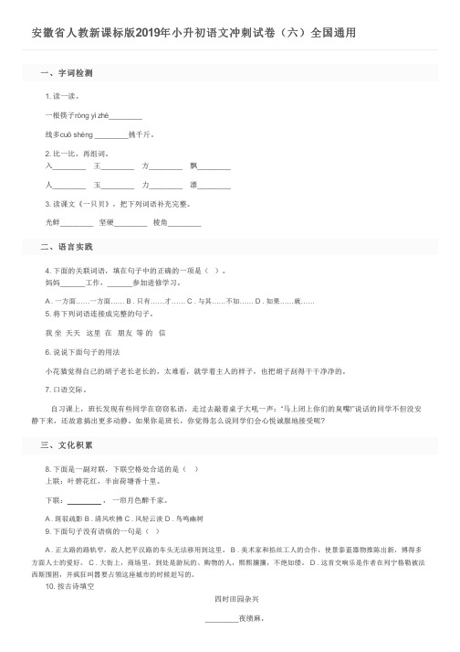 安徽省人教新课标版2019年小升初语文冲刺试卷(六)全国通用及参考答案