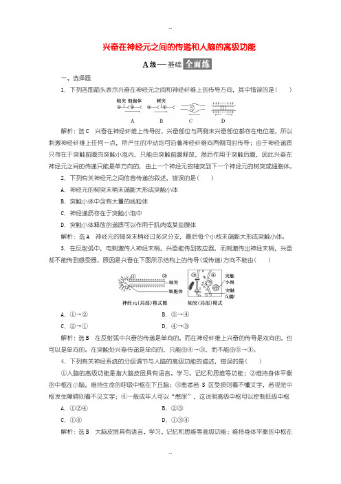 2019-2020年人教版高中生物必修3 检测题四兴奋在神经元之间的传递和人脑的高级功能含答案