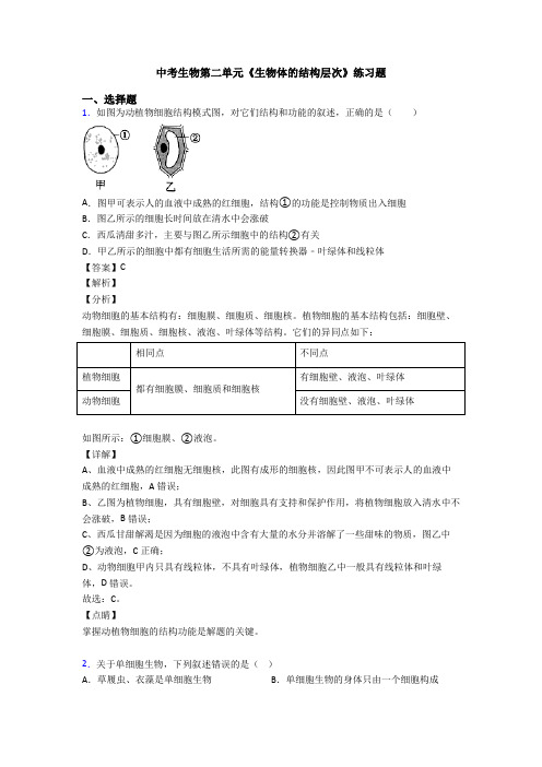 中考生物第二单元《生物体的结构层次》练习题