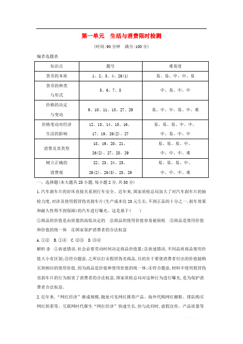 (广东专用)2021版新高考政治一轮复习经济生活第一单元生活与消费限时检测新人教版